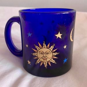 Libbey Cobalt Blue Glass Celestial Sun, Moon & Stars Mug